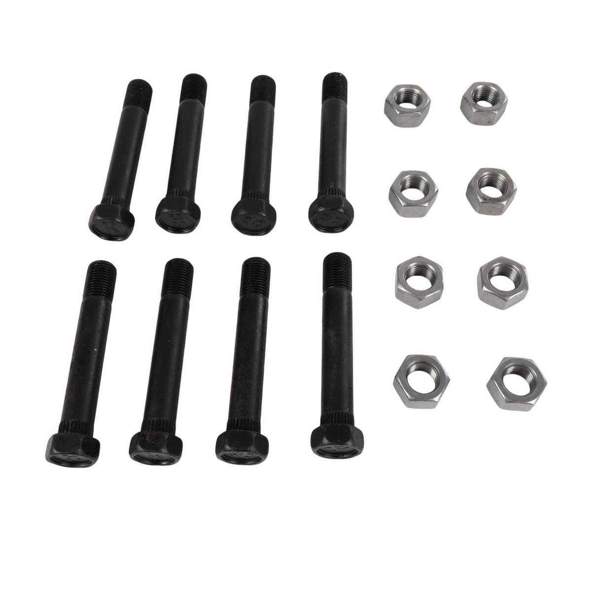 Trailer equalizer hardware set with black bolts and silver hex nuts
