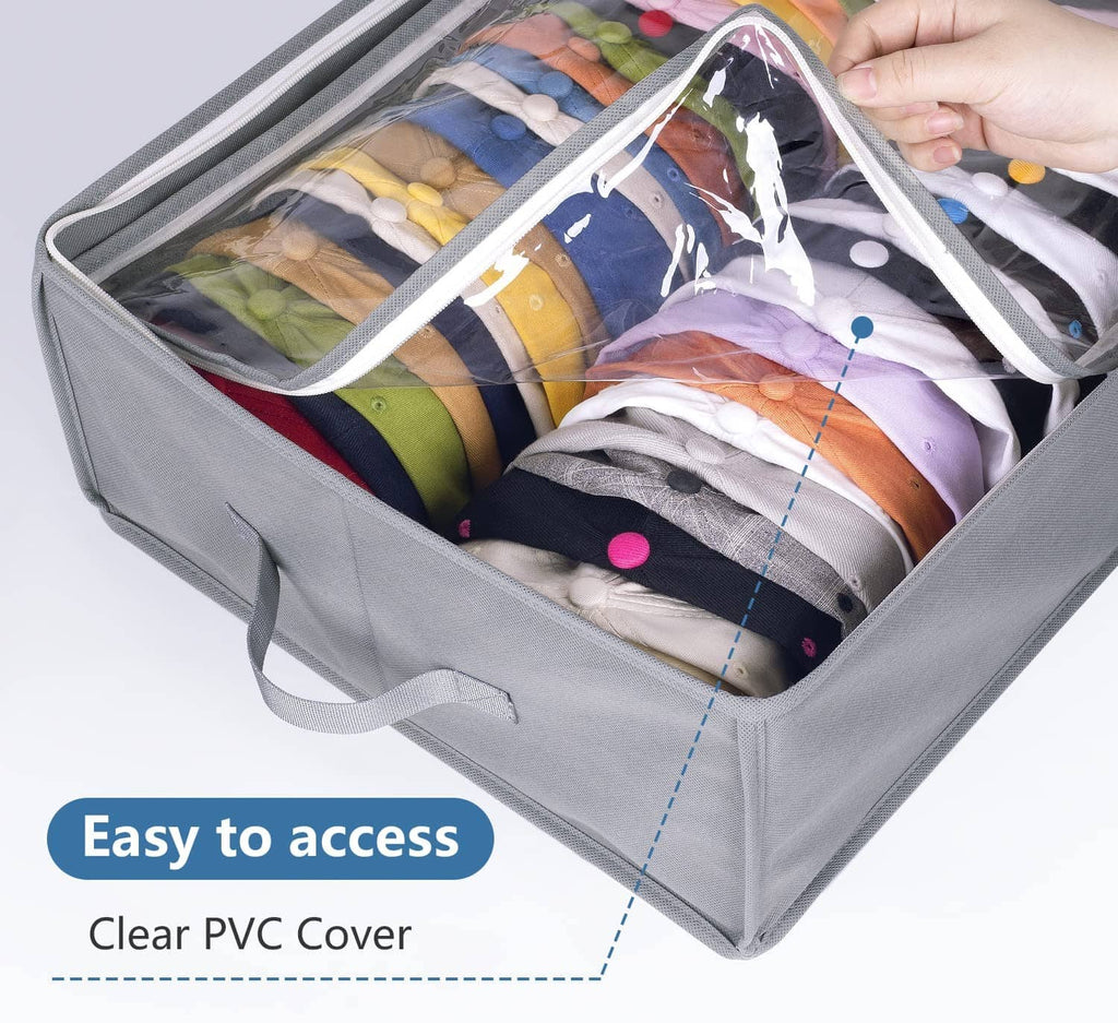 Gray hat storage box with clear PVC cover and zipper, organizing caps