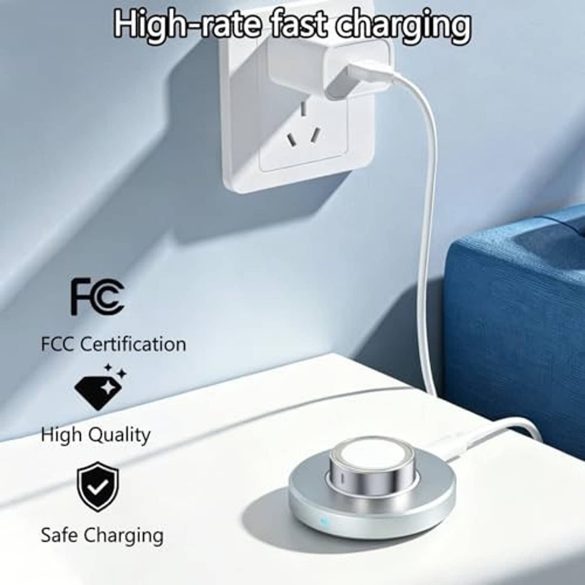 Compact charging dock connected to USB power cable, round metal base and cradle