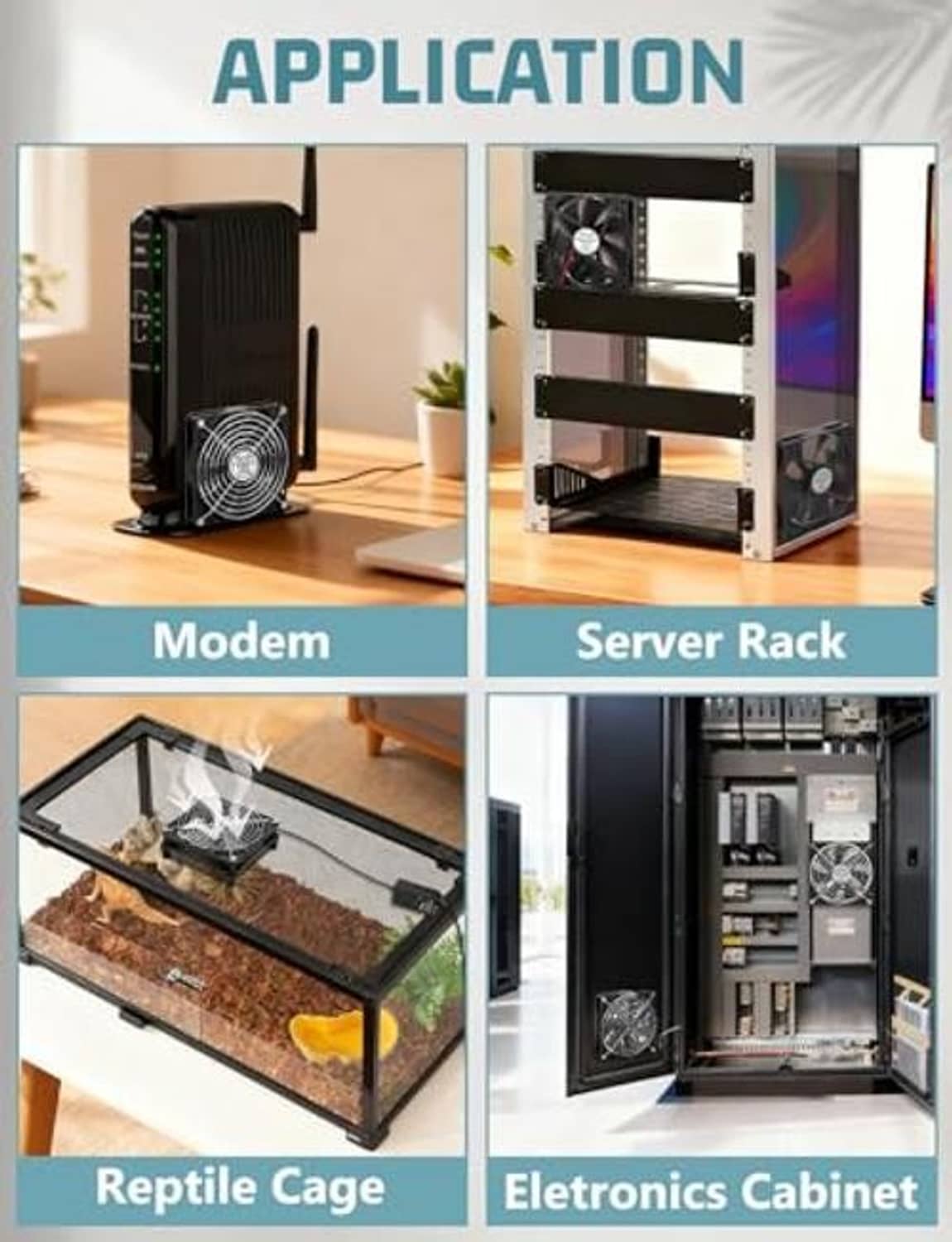 Computer cooling fan shown for modem, server rack, and electronics cabinet setups