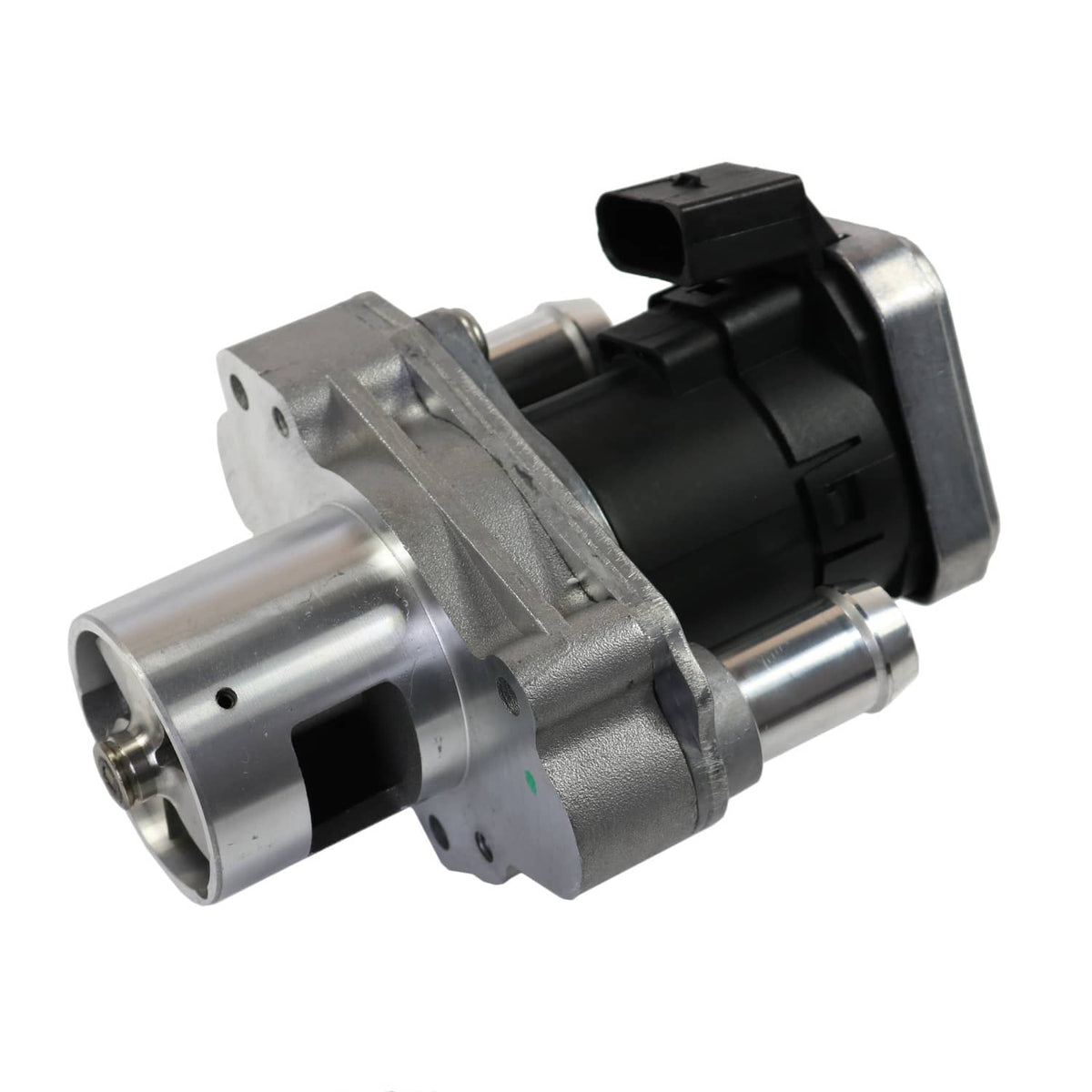 EGR valve with silver metal flange, black connector, and two side metal outlets