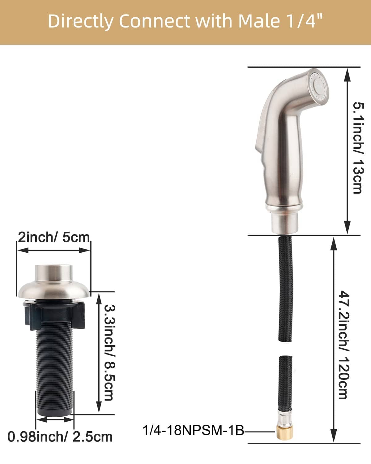 Brushed nickel side sprayer with braided hose and dimensions, including base adapter