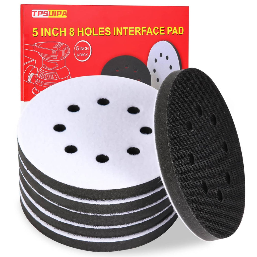 5-inch 8-hole orbital sander interface pads, black and white foam discs (stacked)