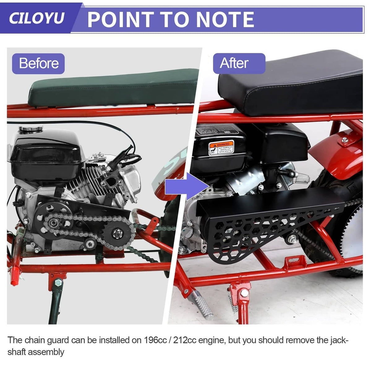 Black clutch chain guard installed on mini bike engine with hex mesh panel