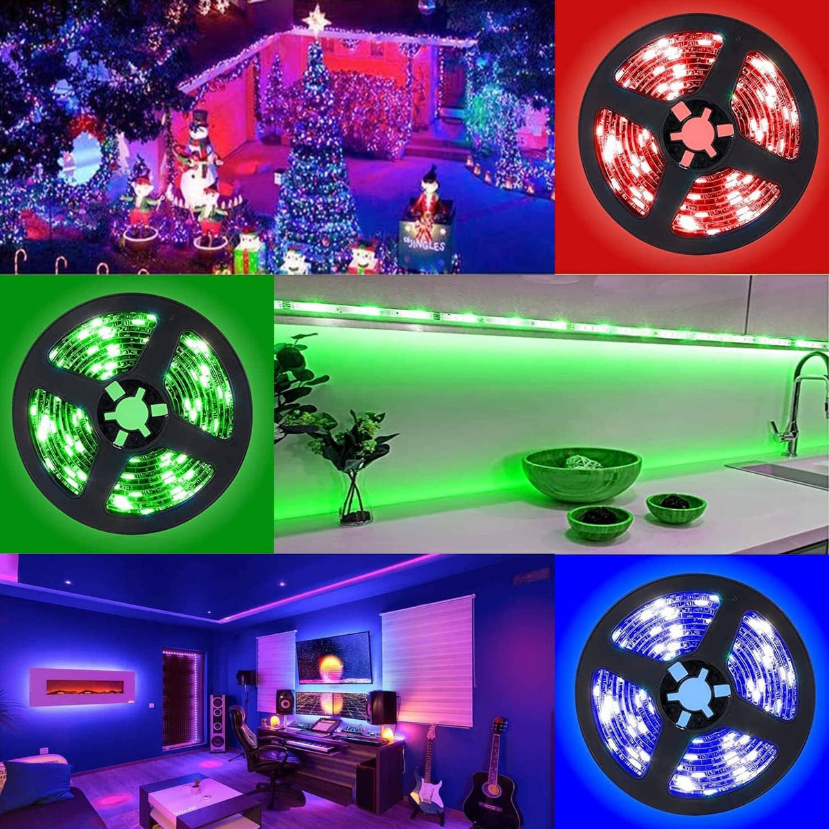 RGB multicolor LED strip lights glowing green, blue, and red around fixtures