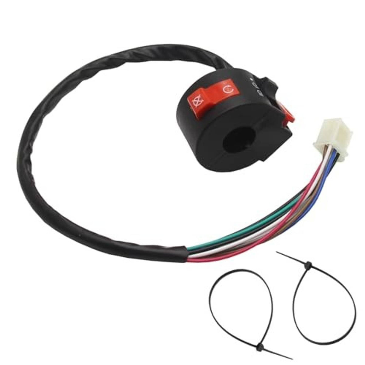 Left handlebar switch with black housing, red button, 8-wire harness and ring terminal leads