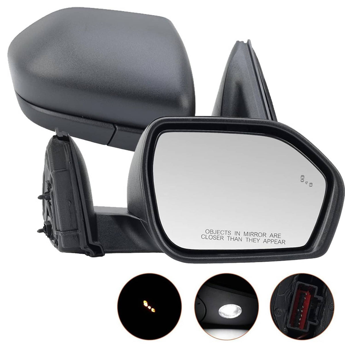 Black side mirror housing with heated power glass and glossy reflective lens