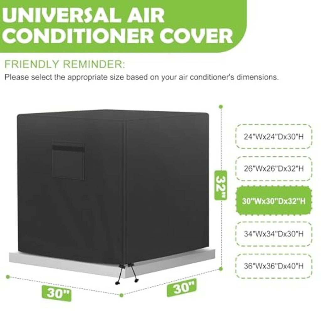 Black universal outdoor air conditioner cover with multiple size options diagram.