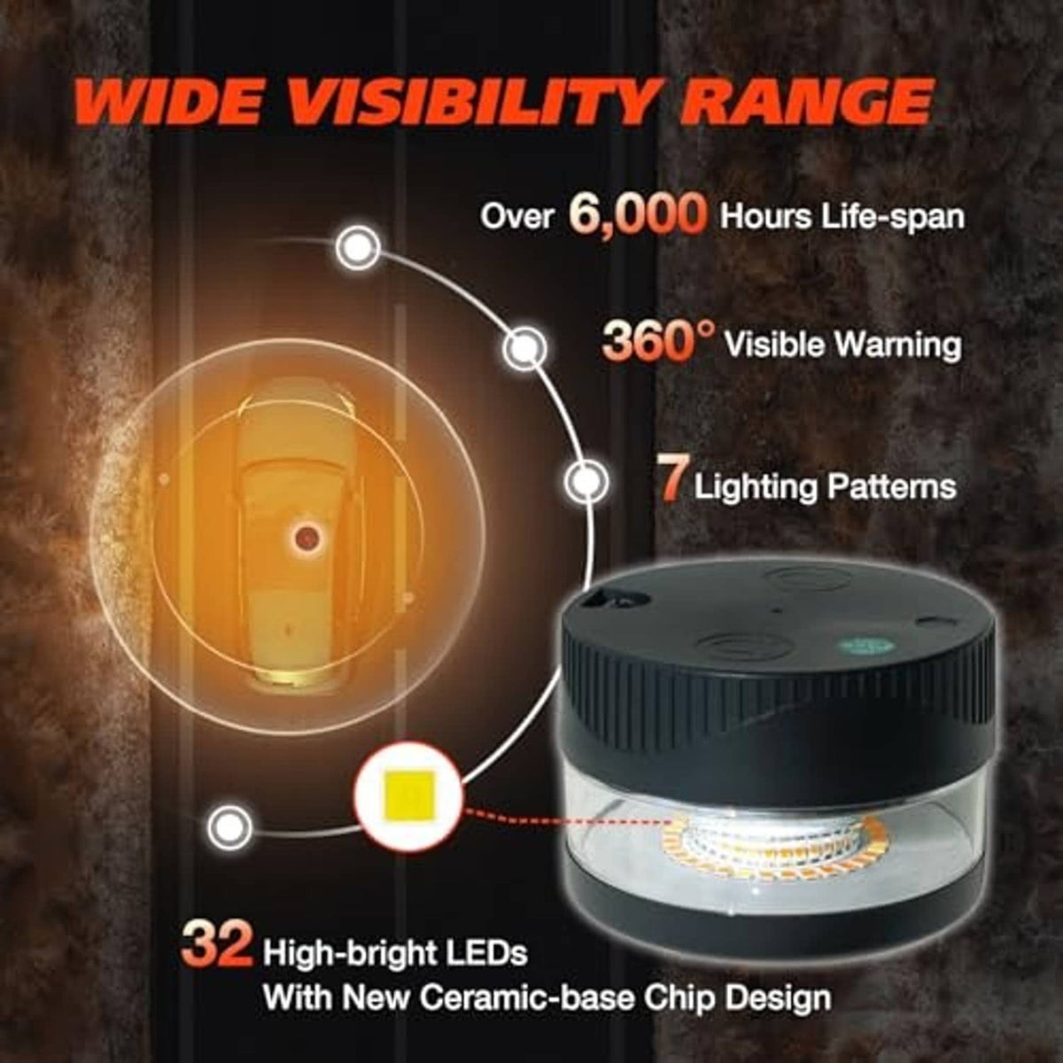 Compact black beacon light with clear lens and multi-LED warning light