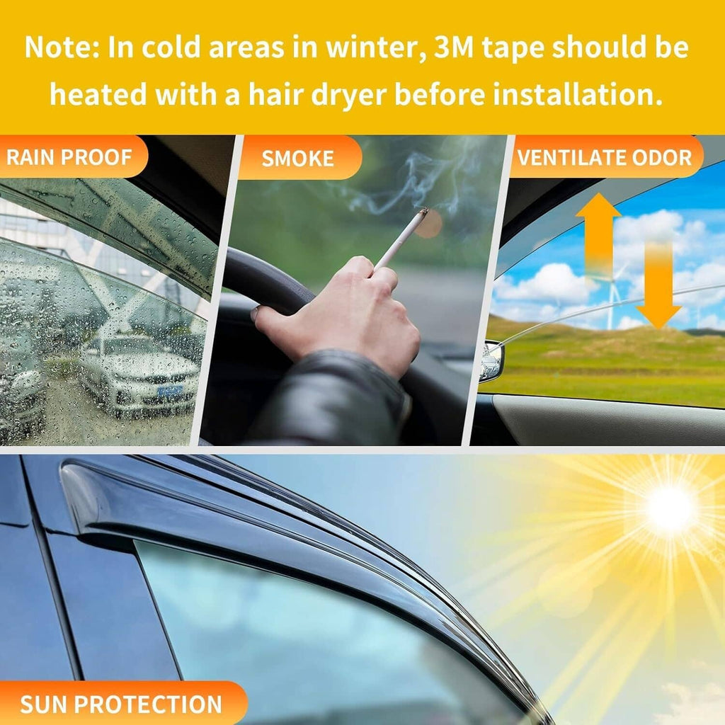 Smoke-tinted window visor rain guards mounted on car window, streamlined profile