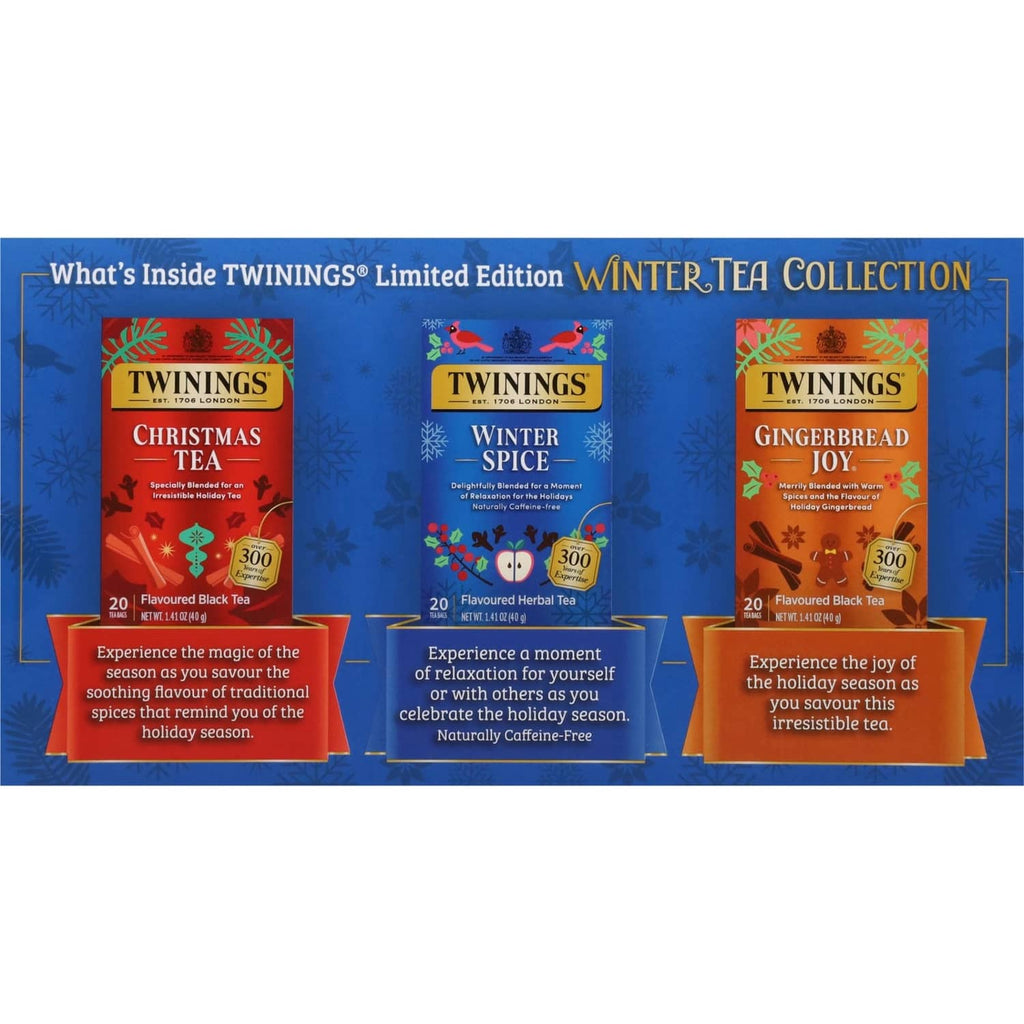 Twinings Winter Tea Collection box back showing Christmas Tea, Winter Spice, Ginger Joy