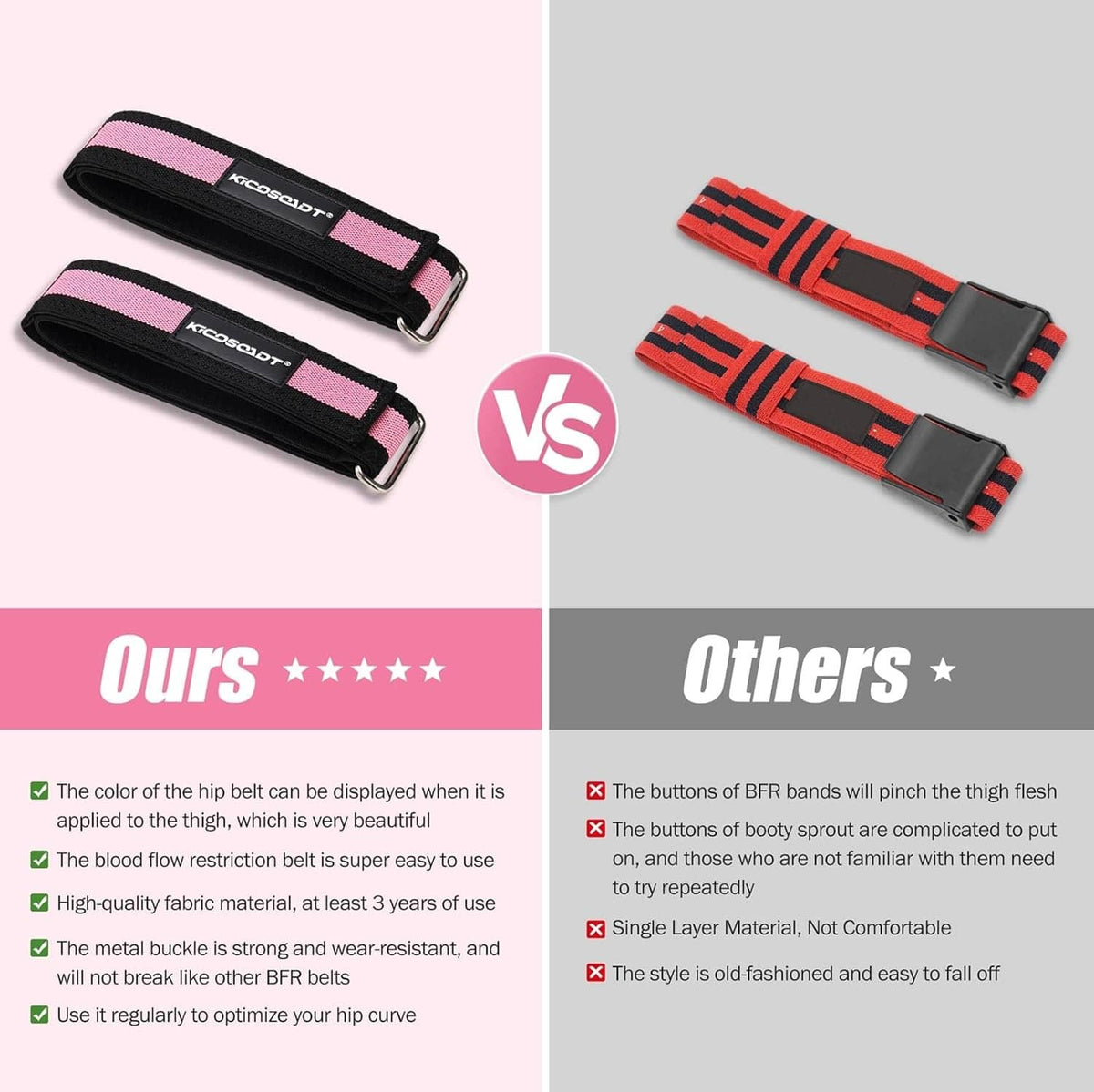 Pair of pink-striped black fabric booty bands with metal buckles, laid flat