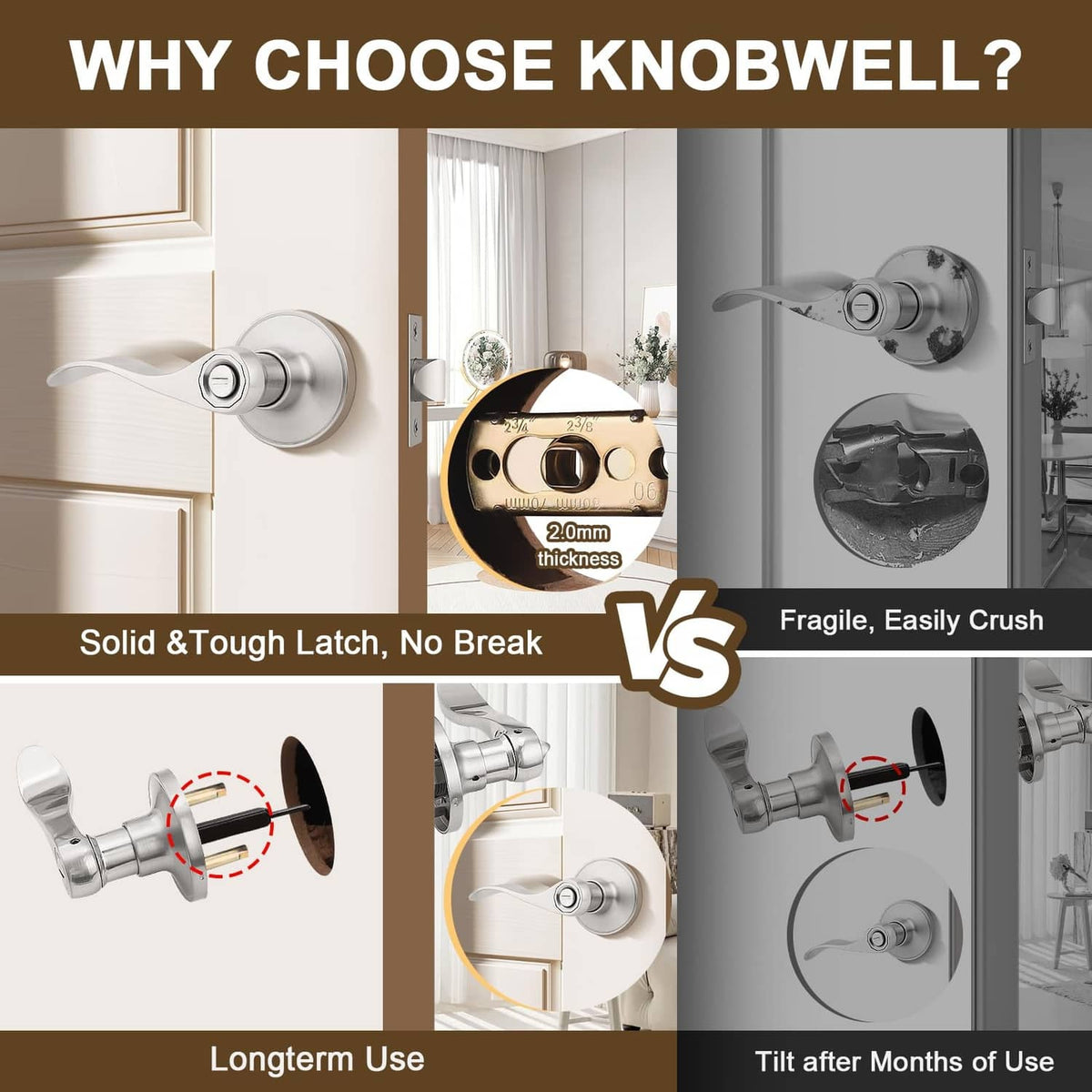 Brushed nickel privacy door handle with solid latch mechanism