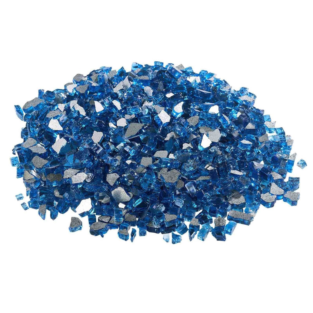 Pacific blue crushed glass fire pit rocks, loose pile of reflective fragments.