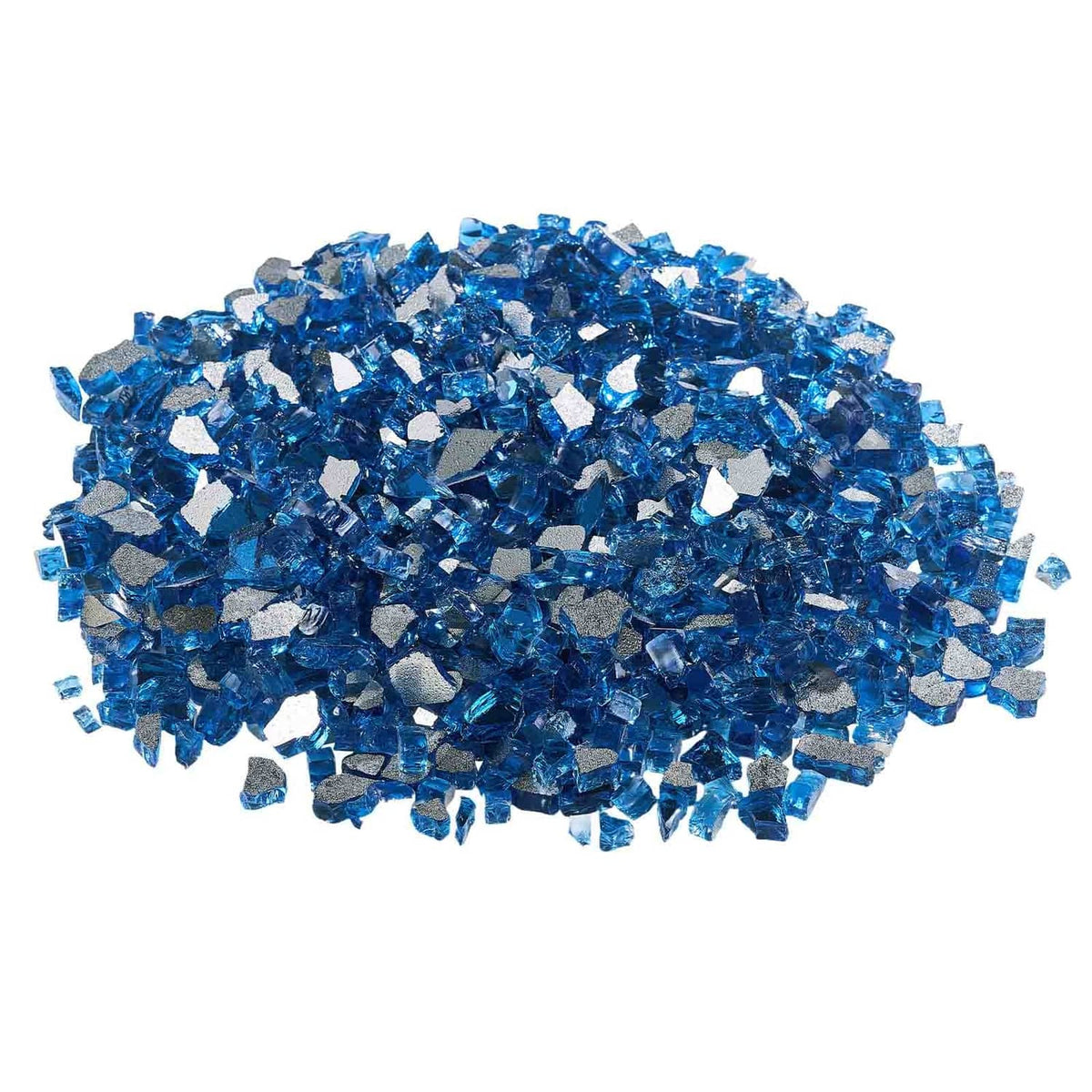 Pacific blue crushed glass fire pit rocks, loose pile of reflective fragments.
