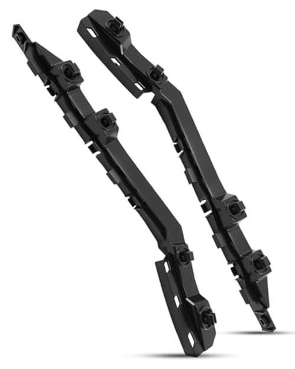 Black plastic bumper bracket retainers, angled pair with mounting clips and tabs