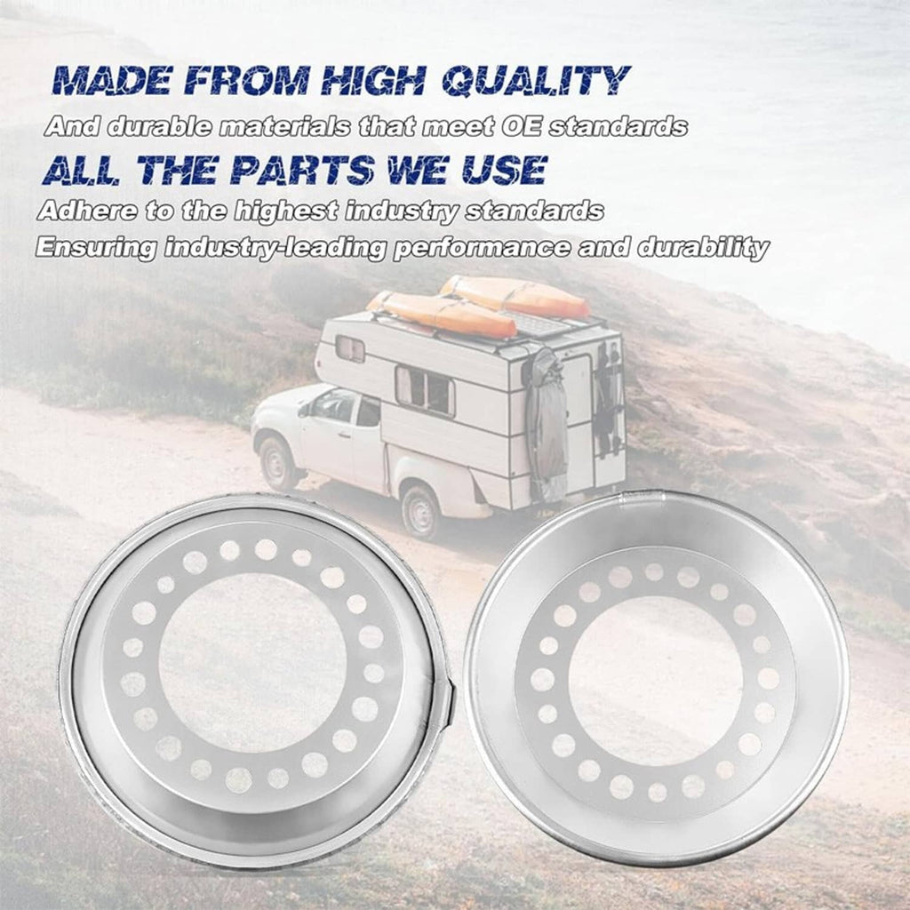 Two silver steel wheel balancer discs with outer hole ring and inner cutout