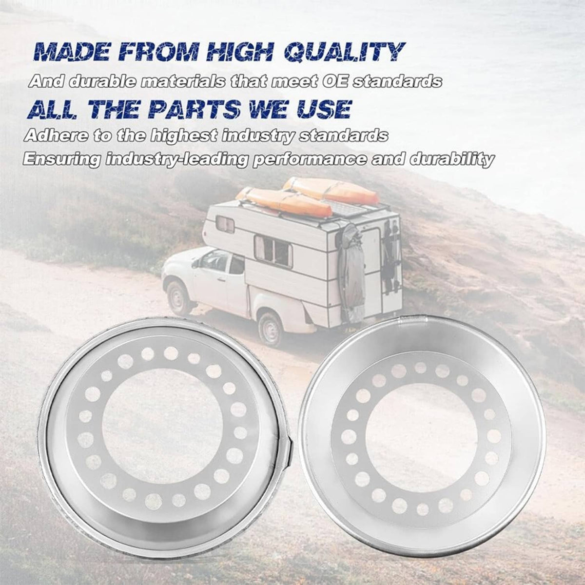 Two silver steel wheel balancer discs with outer hole ring and inner cutout