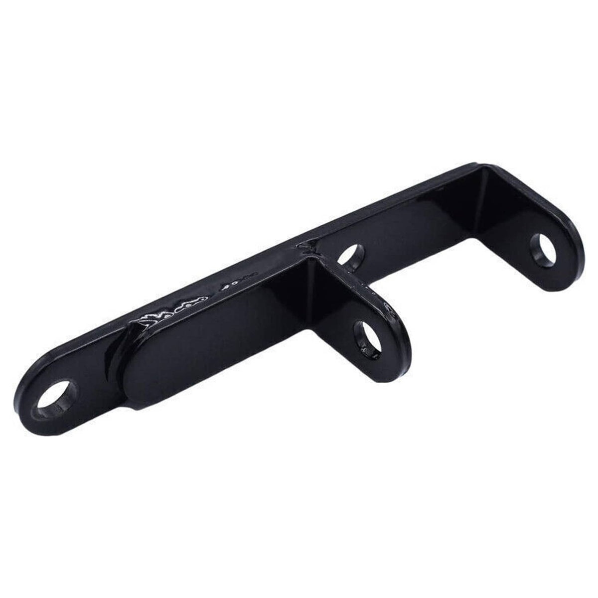 Black alternator bracket support with two mounting holes and curved end arms