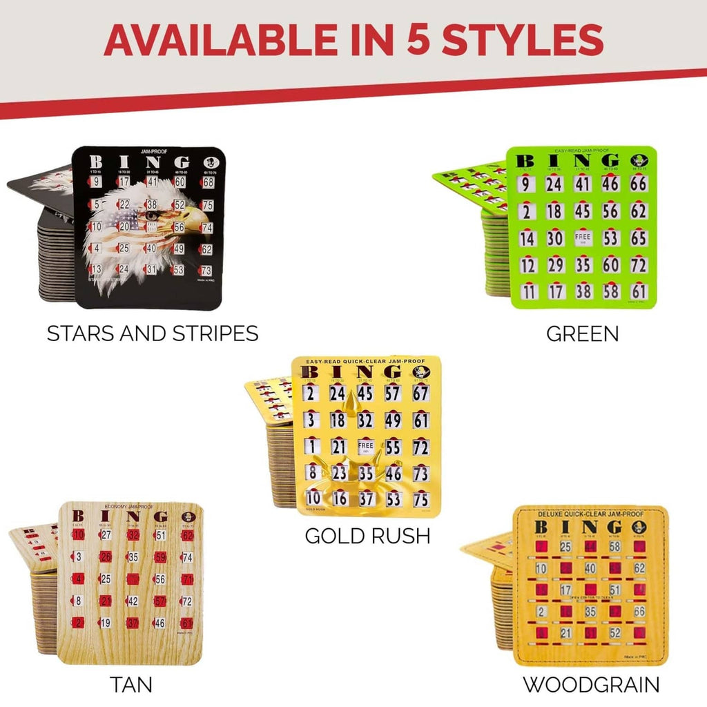 Five styles of bingo card stacks shown in black, green, gold, tan, and woodgrain.