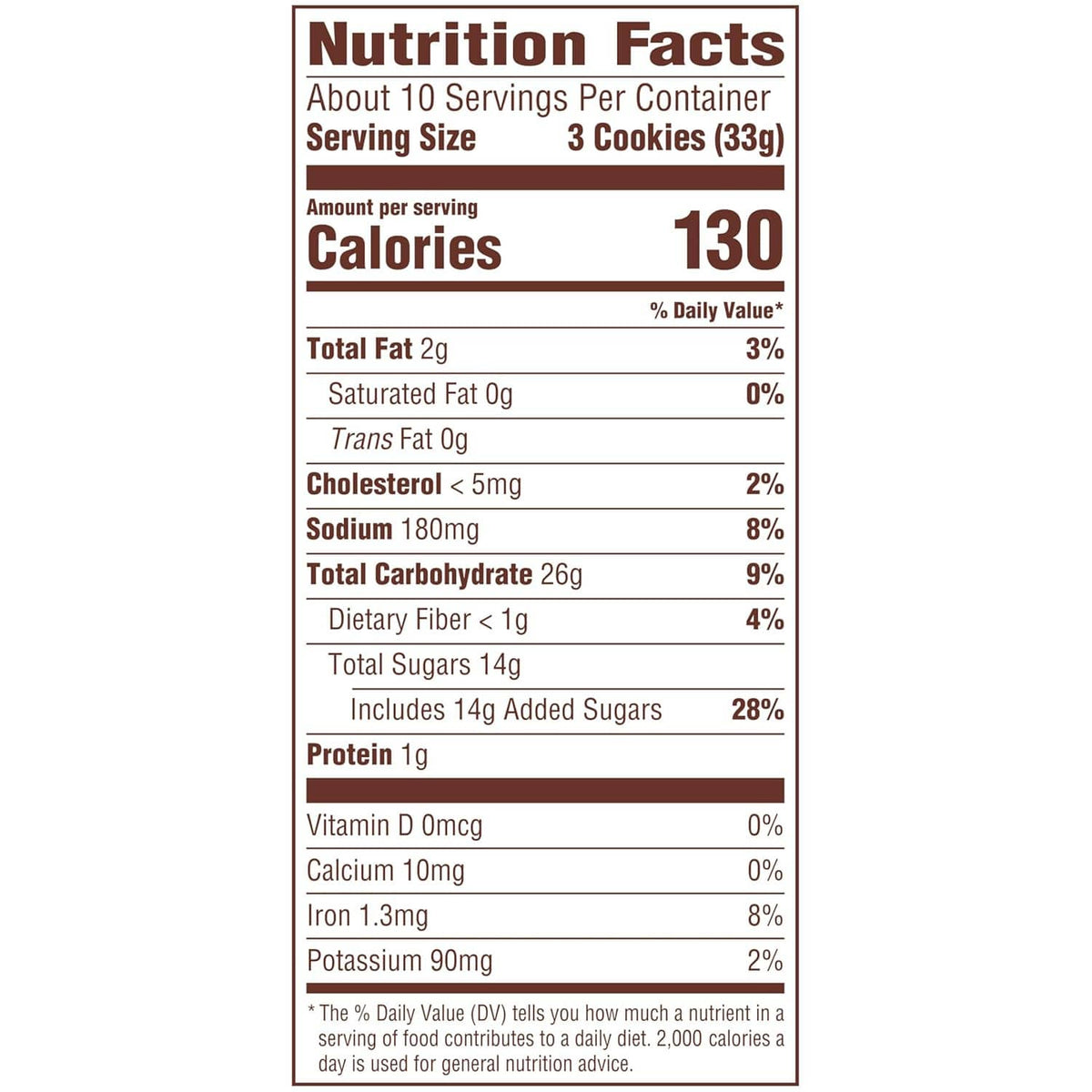 Nutrition Facts label for iced molasses cookies: 3 cookies (39g), 130 calories