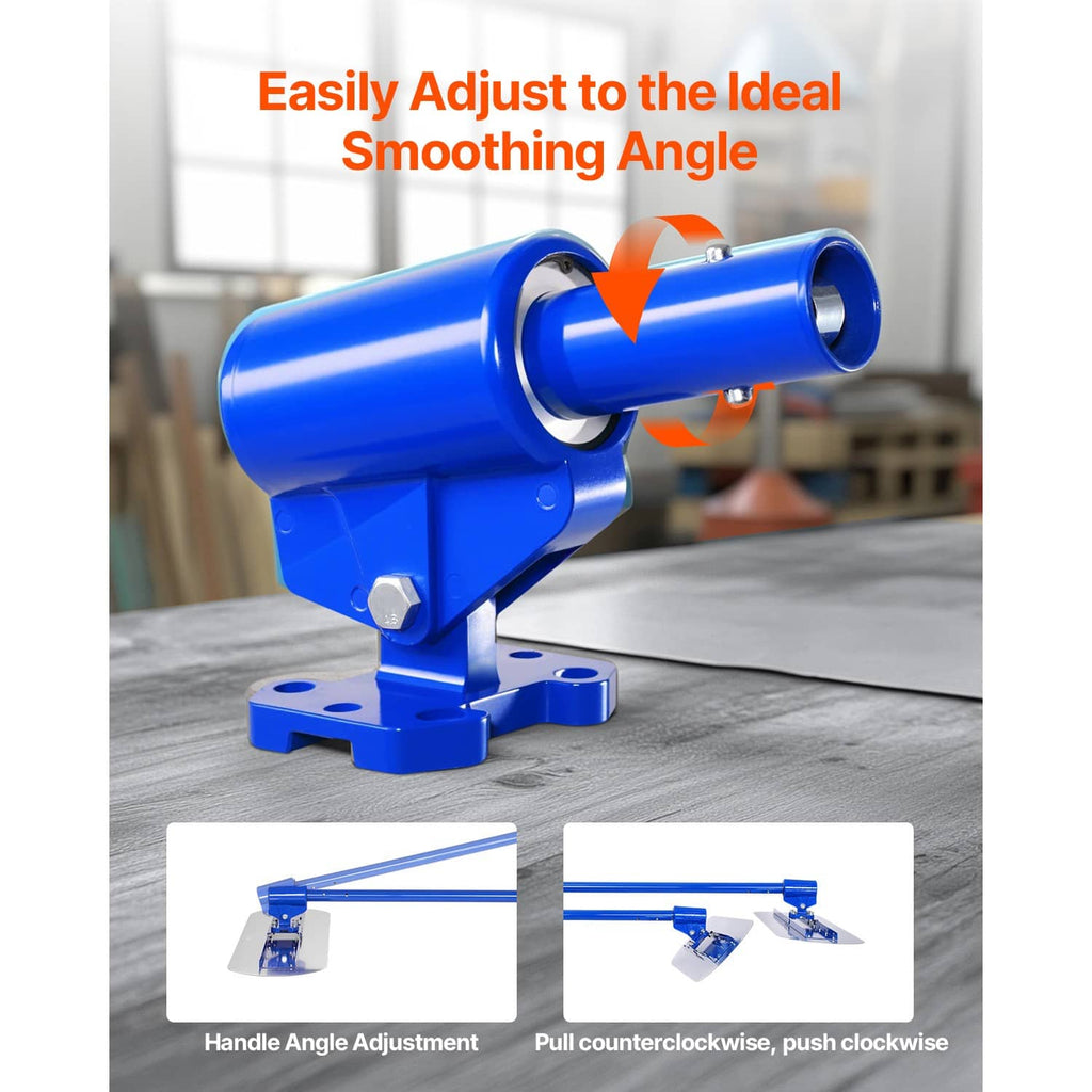 Adjustable concrete bull float head with blue pivot and angled scraper