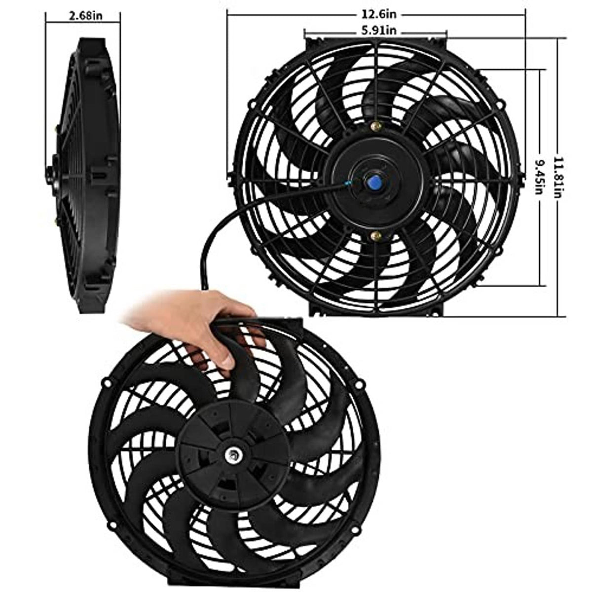 Automotive cooling fan with black shroud; size diagram and hand installation view