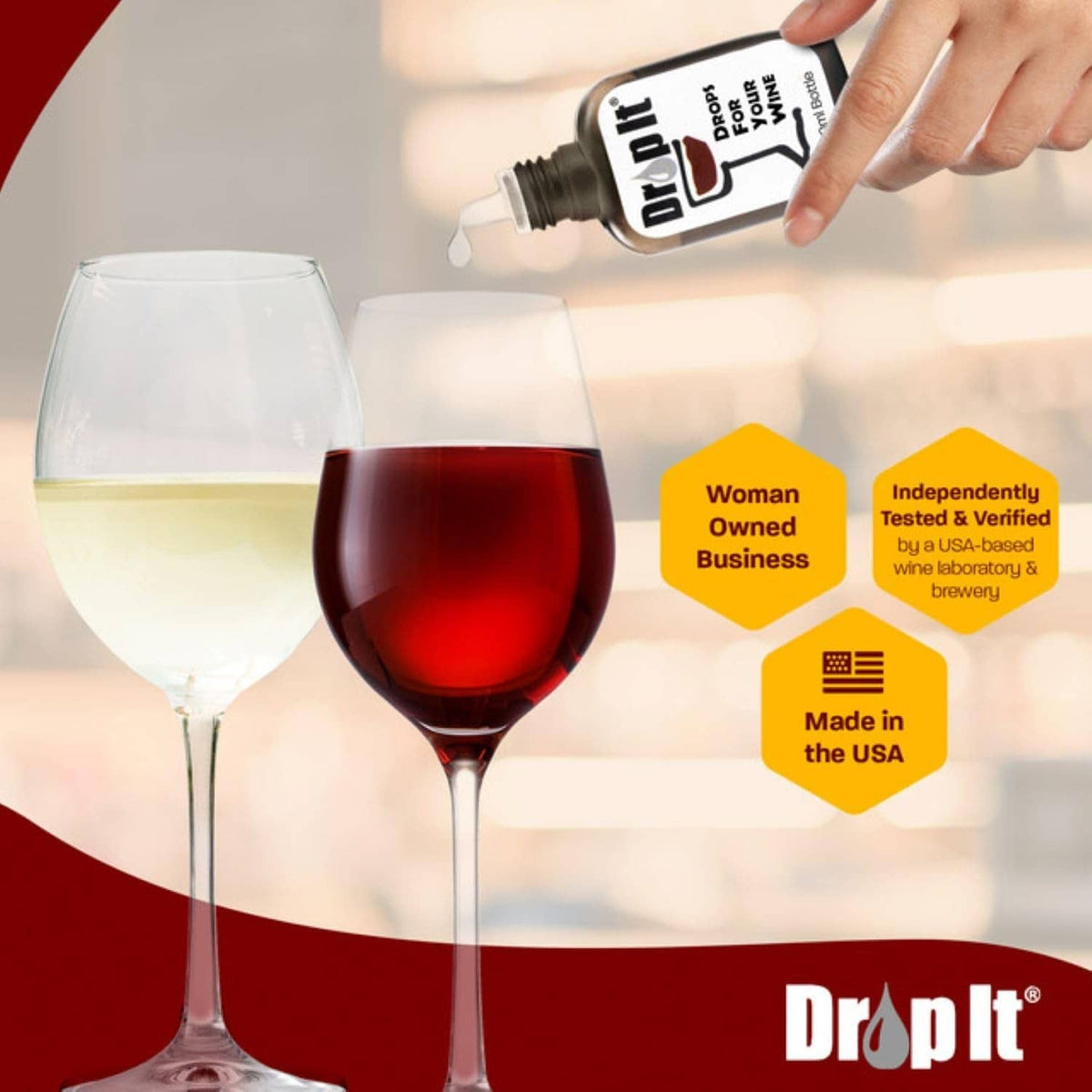 Drop It wine drops, black-capped 10ml bottle with woman-owned and made-in-USA icons