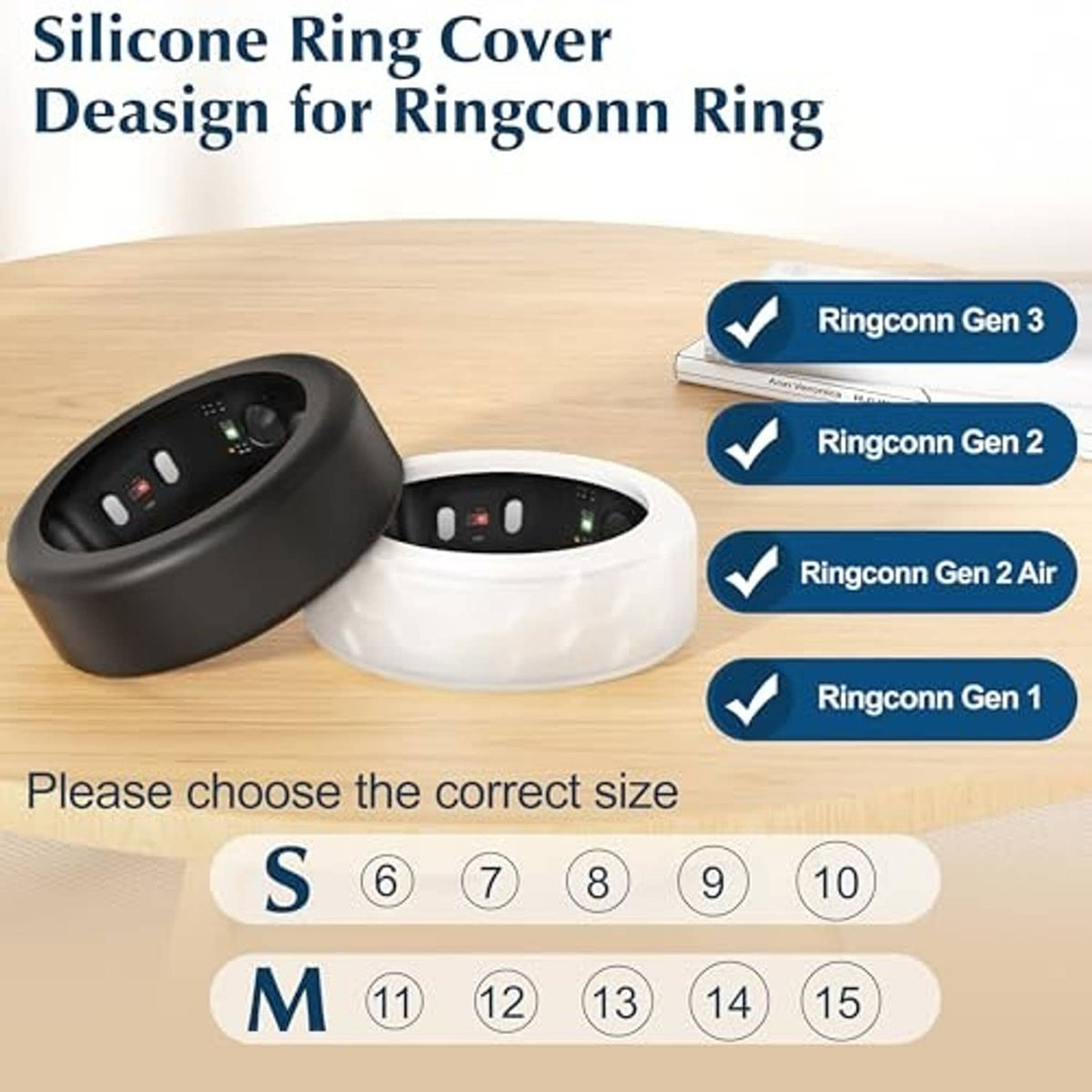 Silicone ring cover sizes shown with black and white ring covers