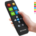 Black universal TV remote with large colored buttons and EZclicker logo