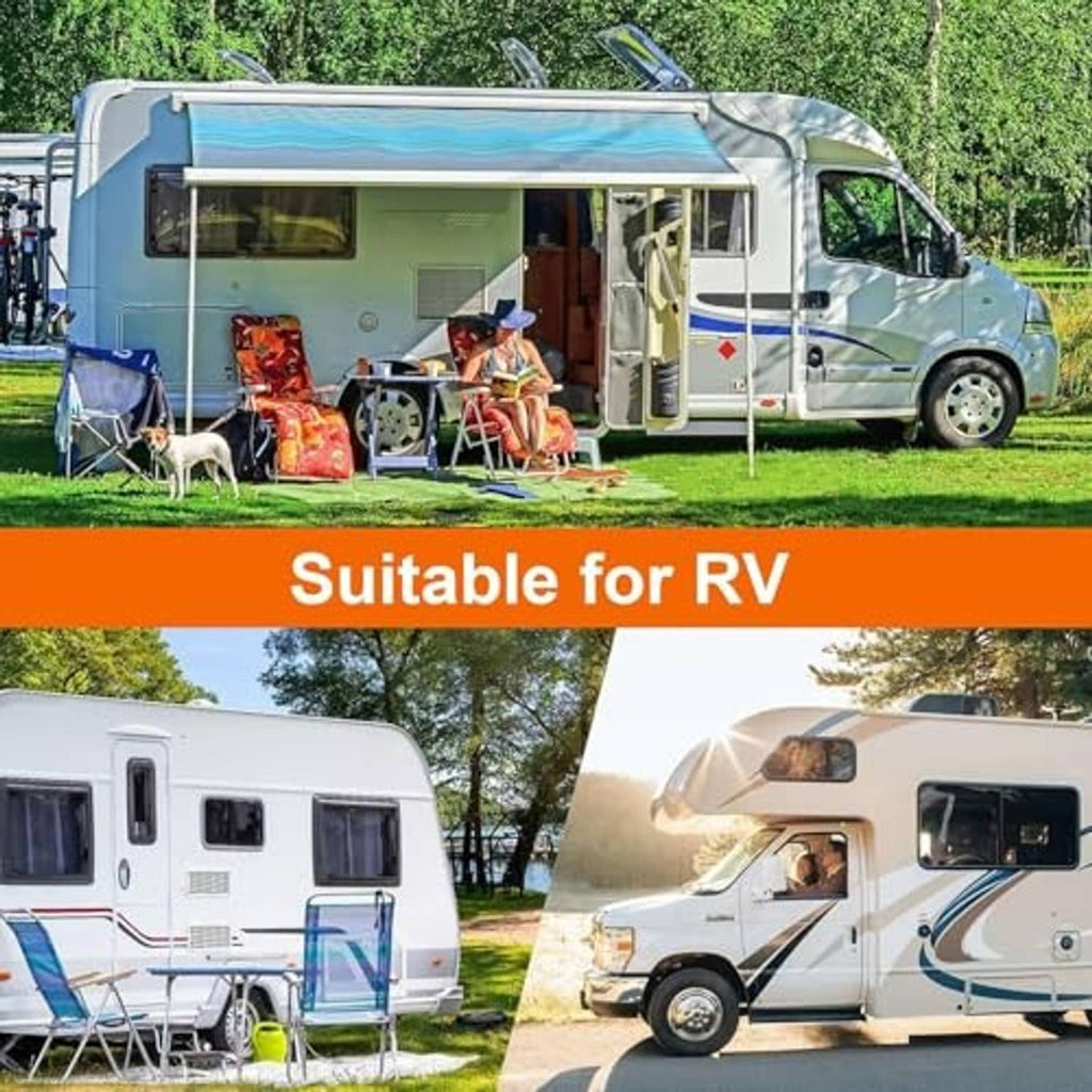 RV with extended awning shelter and side panels, for outdoor protection