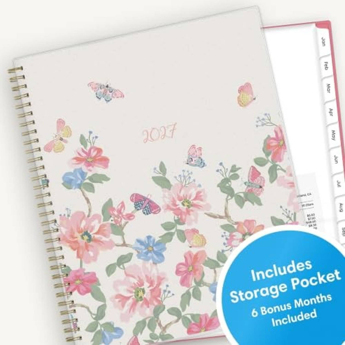 Floral planner cover with 2027 title and badge stating storage pocket included