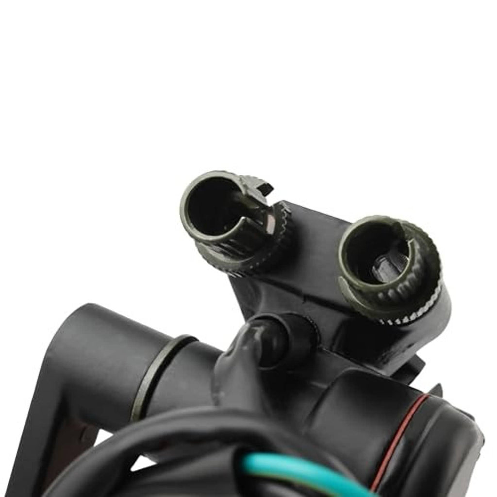 Close-up of black throttle lever housing with mounting ports and wires