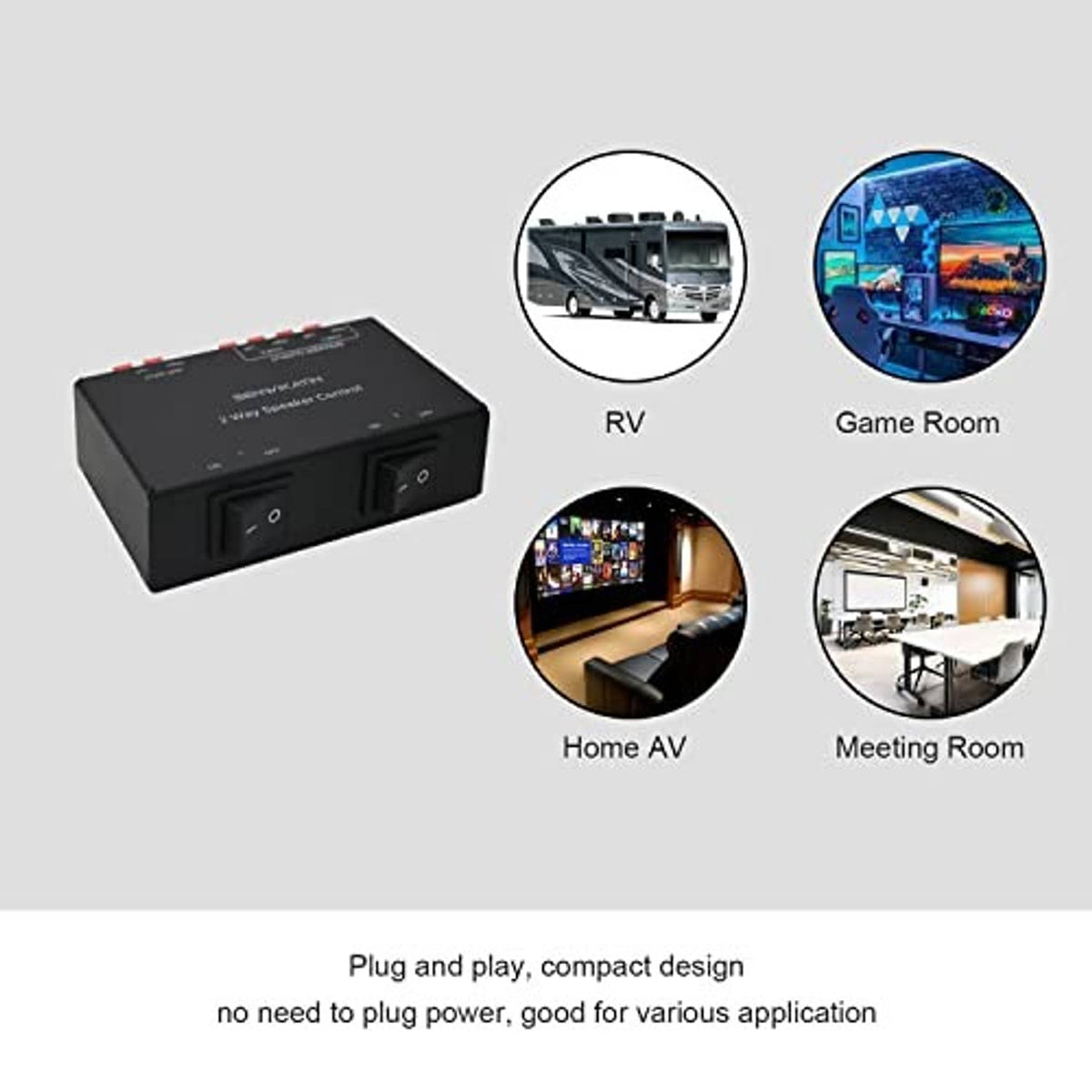 Compact black 2-way speaker control box with on/off switch controls
