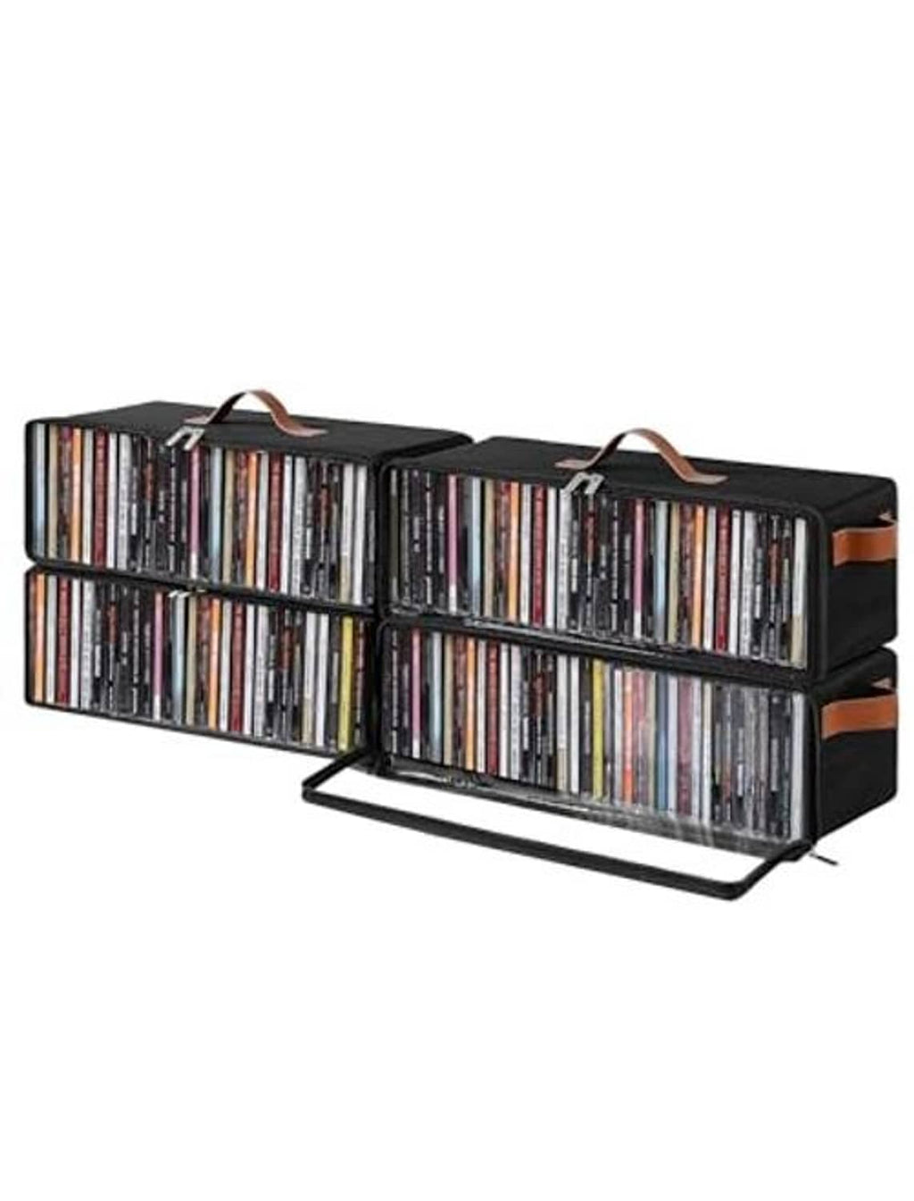 Two black CD storage boxes with clear front windows, zipper closures, orange handles