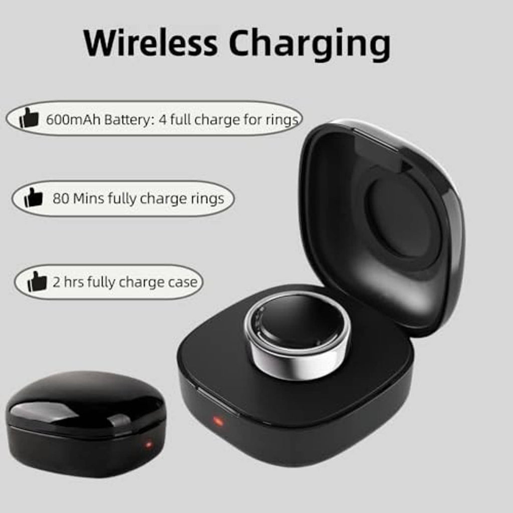 Black wireless charging case shown open with charging dock and closed companion