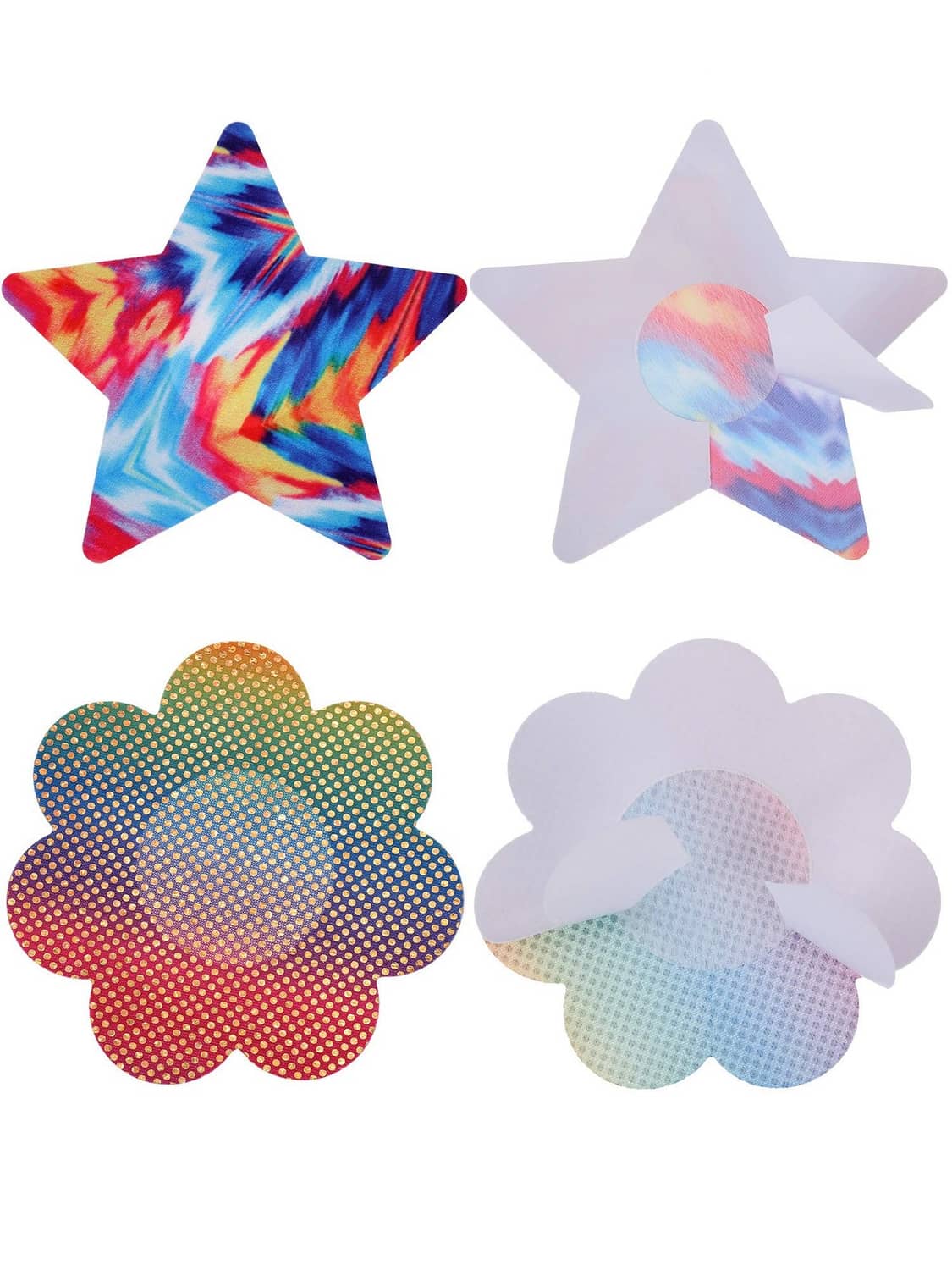 Glitter adhesive nipple covers: rainbow star, white star, and rainbow flower pasties