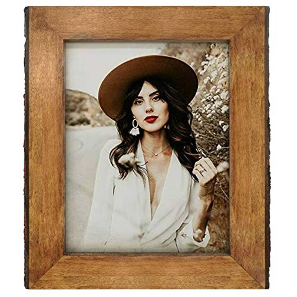 Rustic wood picture frame with bark edges, 8x10 photo shown front view