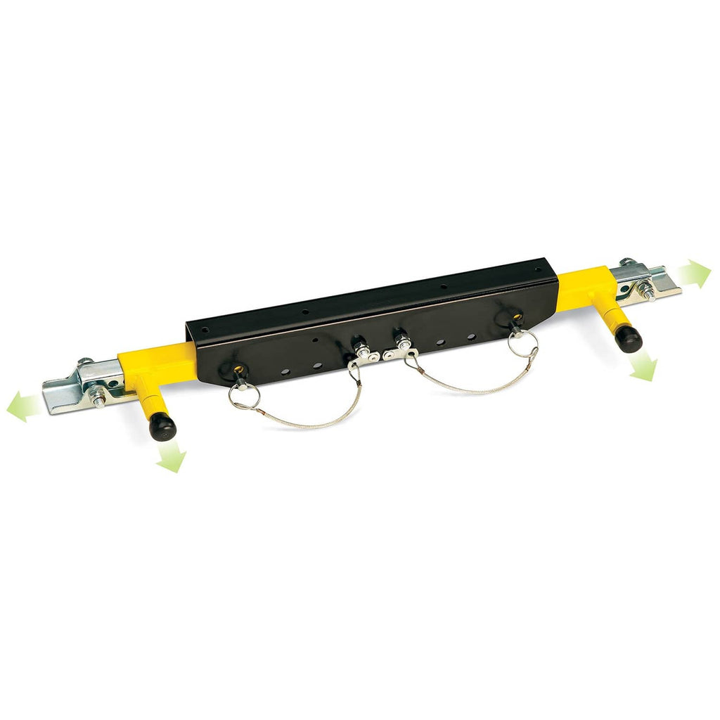 RV step stabilizer bar with yellow legs, mounting brackets, and support chains