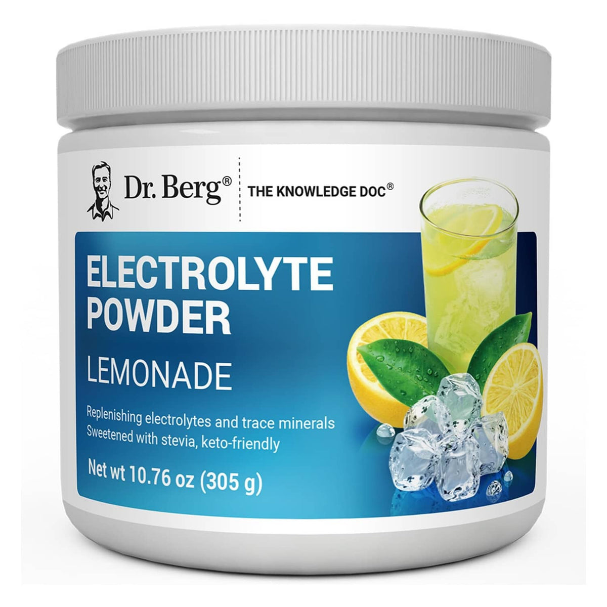 Dr. Berg electrolyte powder tub, lemonade flavor, white jar with blue label