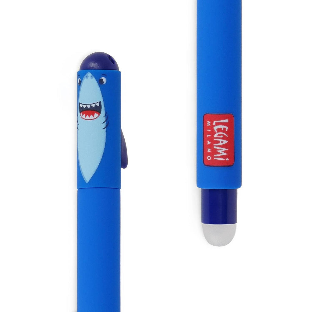Legami shark erasable gel pen with blue cap and clip, white tip visible