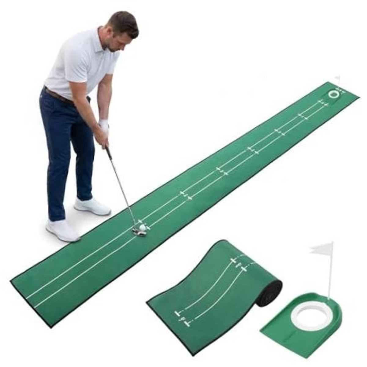 Green golf putting mat with alignment lines and cup target