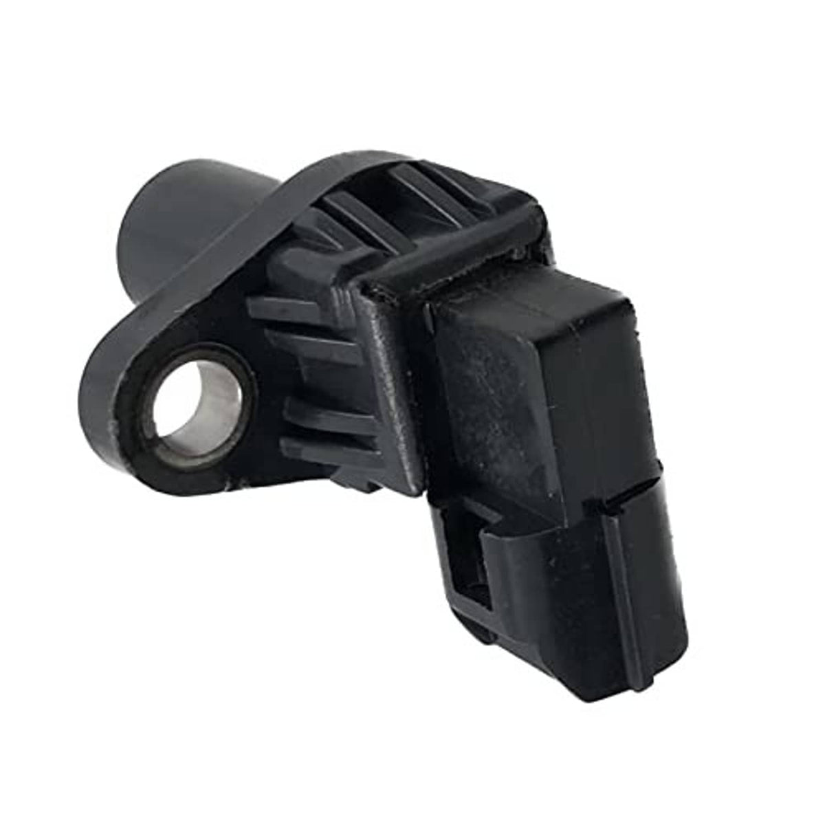 Black camshaft position sensor with circular mounting ring and connector body
