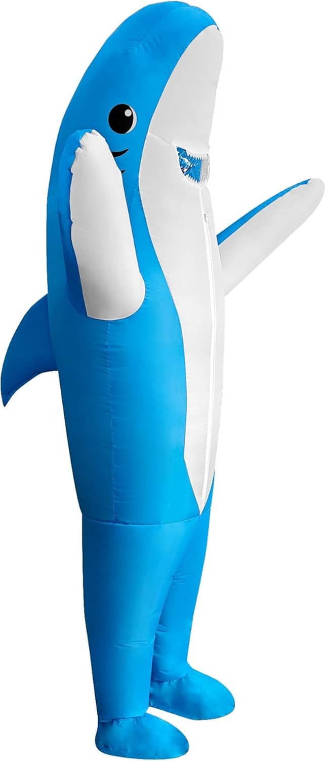 Blue inflatable shark costume with white belly, dorsal fin, and flipper arms, full-body
