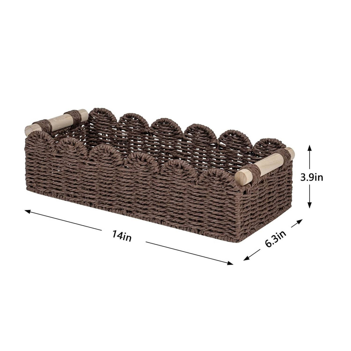 Brown woven toilet paper storage basket with scalloped top, 14 in x 6.3 in x 3.9 in