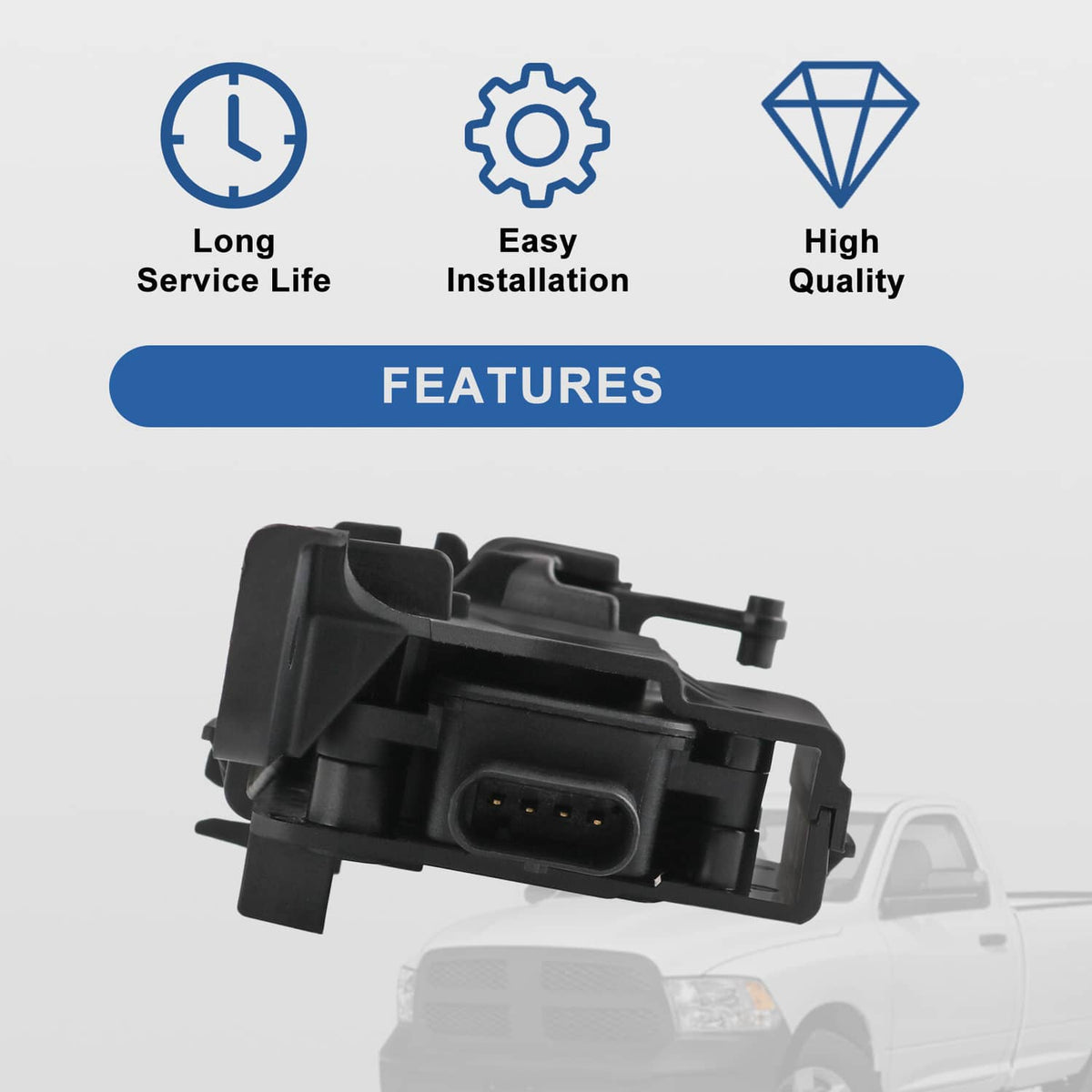 Active grille shutter actuator motor, black component with front mounting tabs