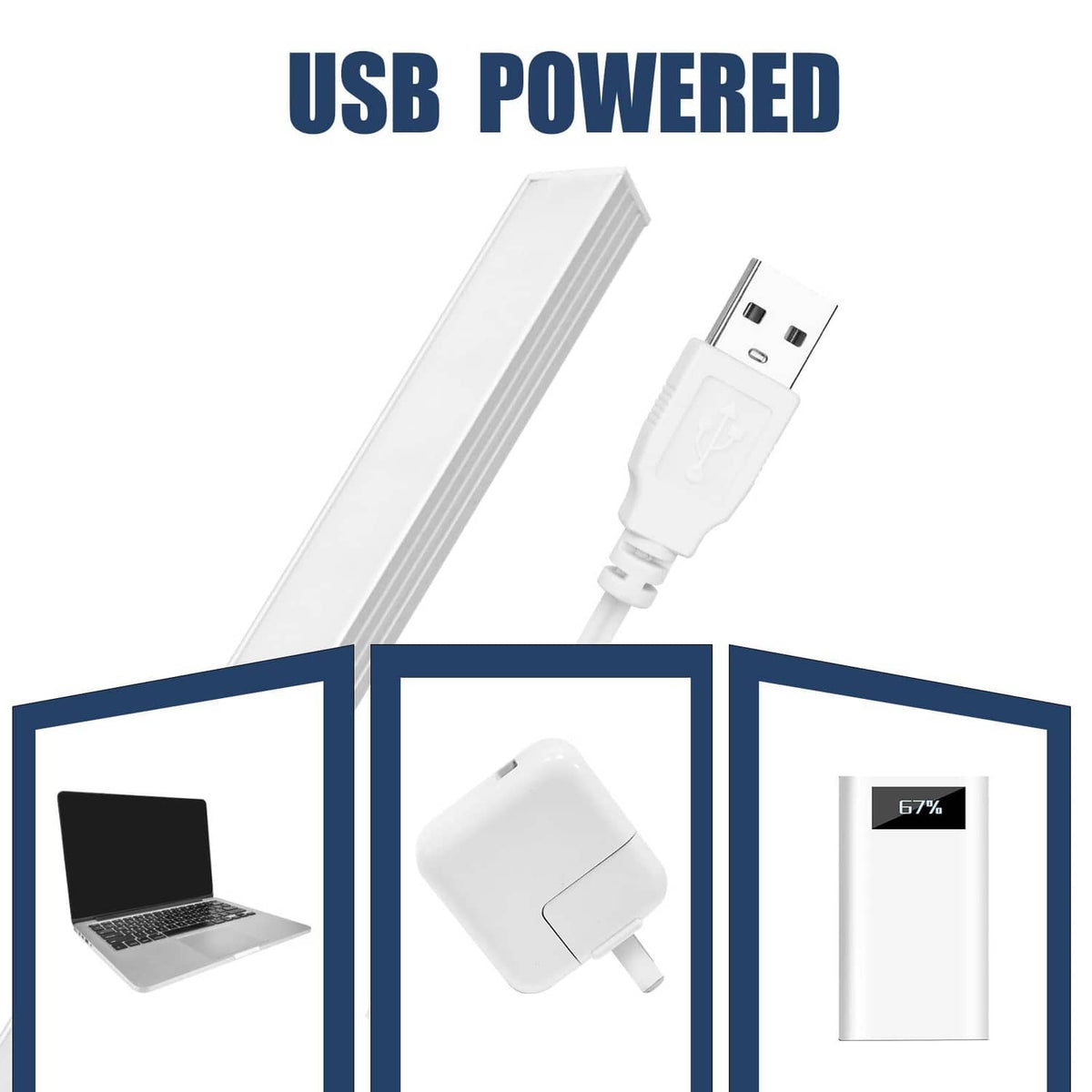 White USB-powered LED light bar with USB plug and charging cable