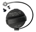 Black fuel gas cap with tether cable, molded text on top