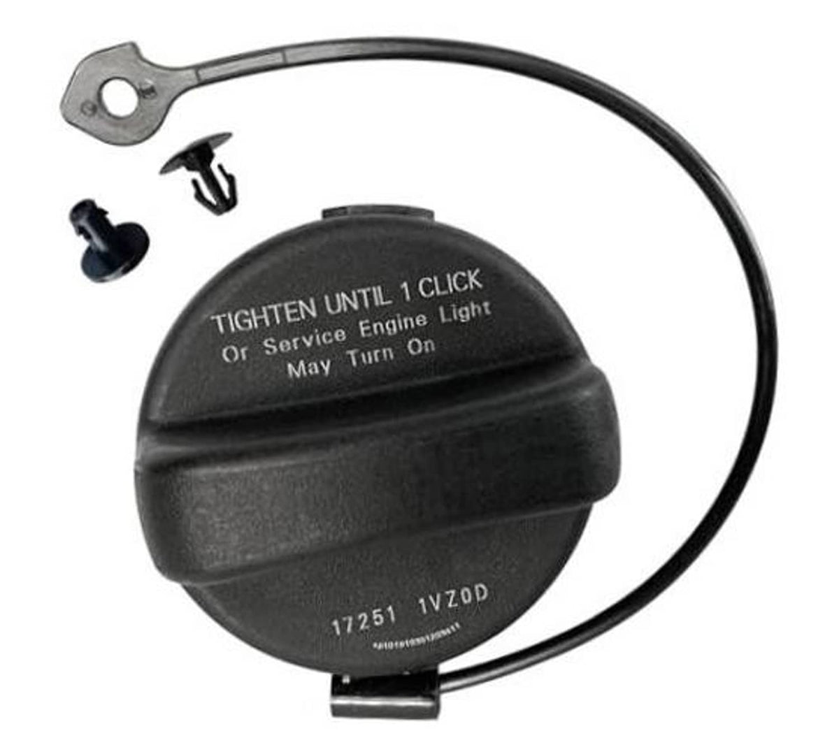 Black fuel gas cap with tether cable, molded text on top
