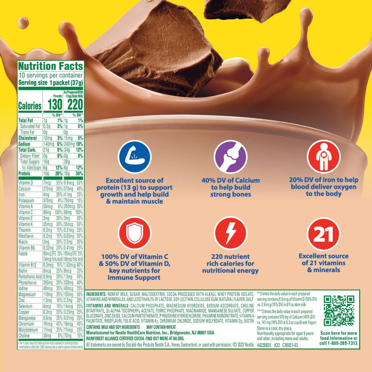 Breakfast Essentials high protein drink mix nutrition facts panel, rich milk chocolate